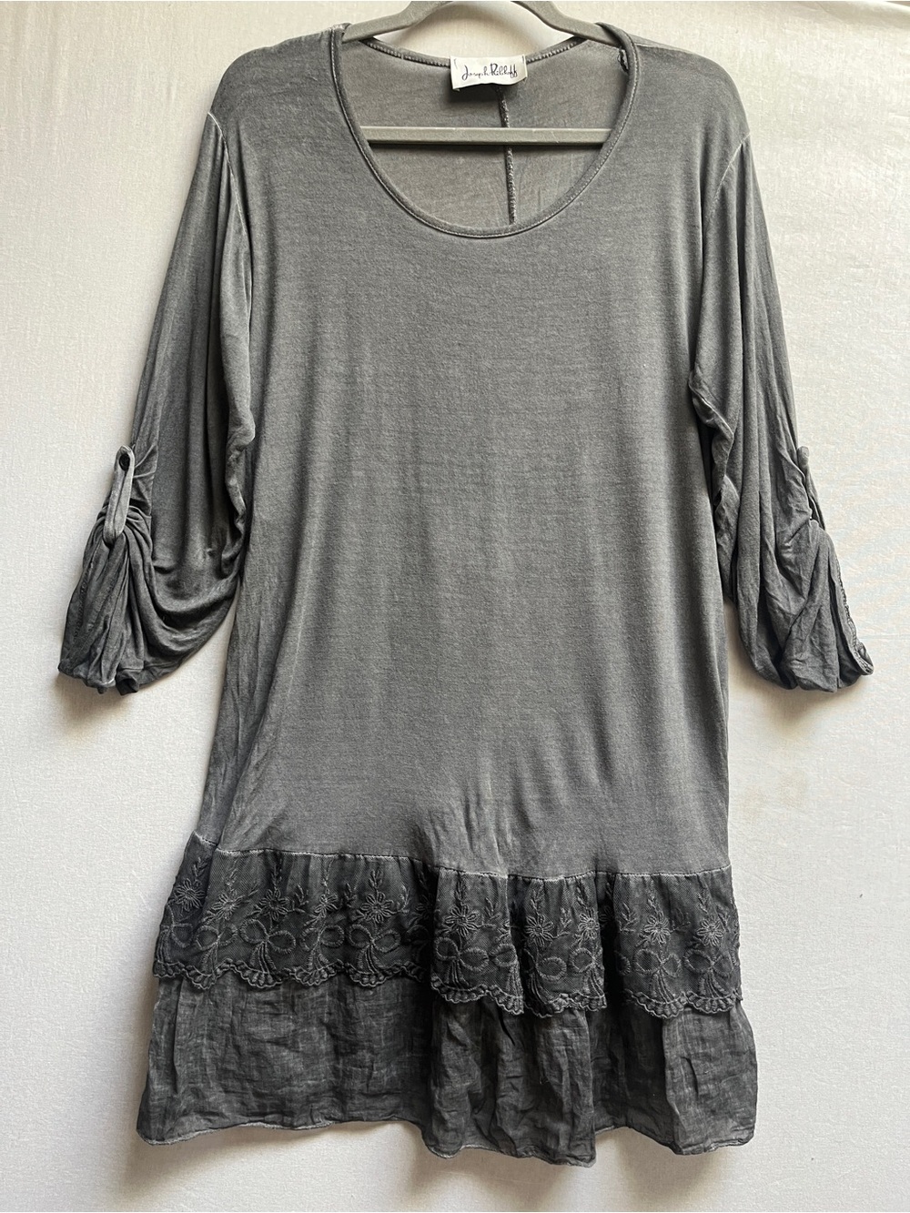 Joseph Ribkoff Gray Scoop Neck Tunic Top Ruched Sleeve Lace Hem L
